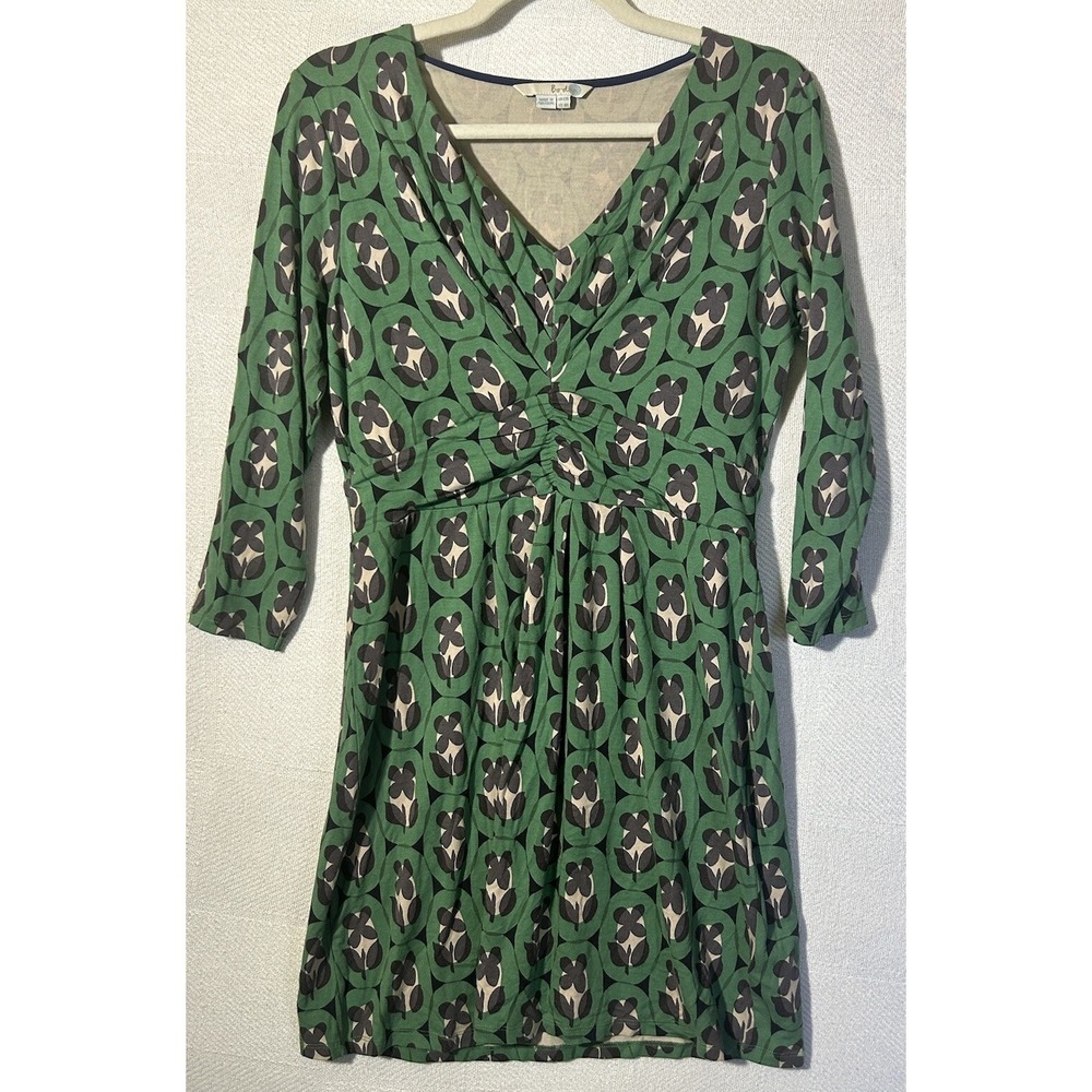 Boden Green And Gray Geometric Print Dress Knee Length 3/4‎ Sleeve V Neck Size 8
